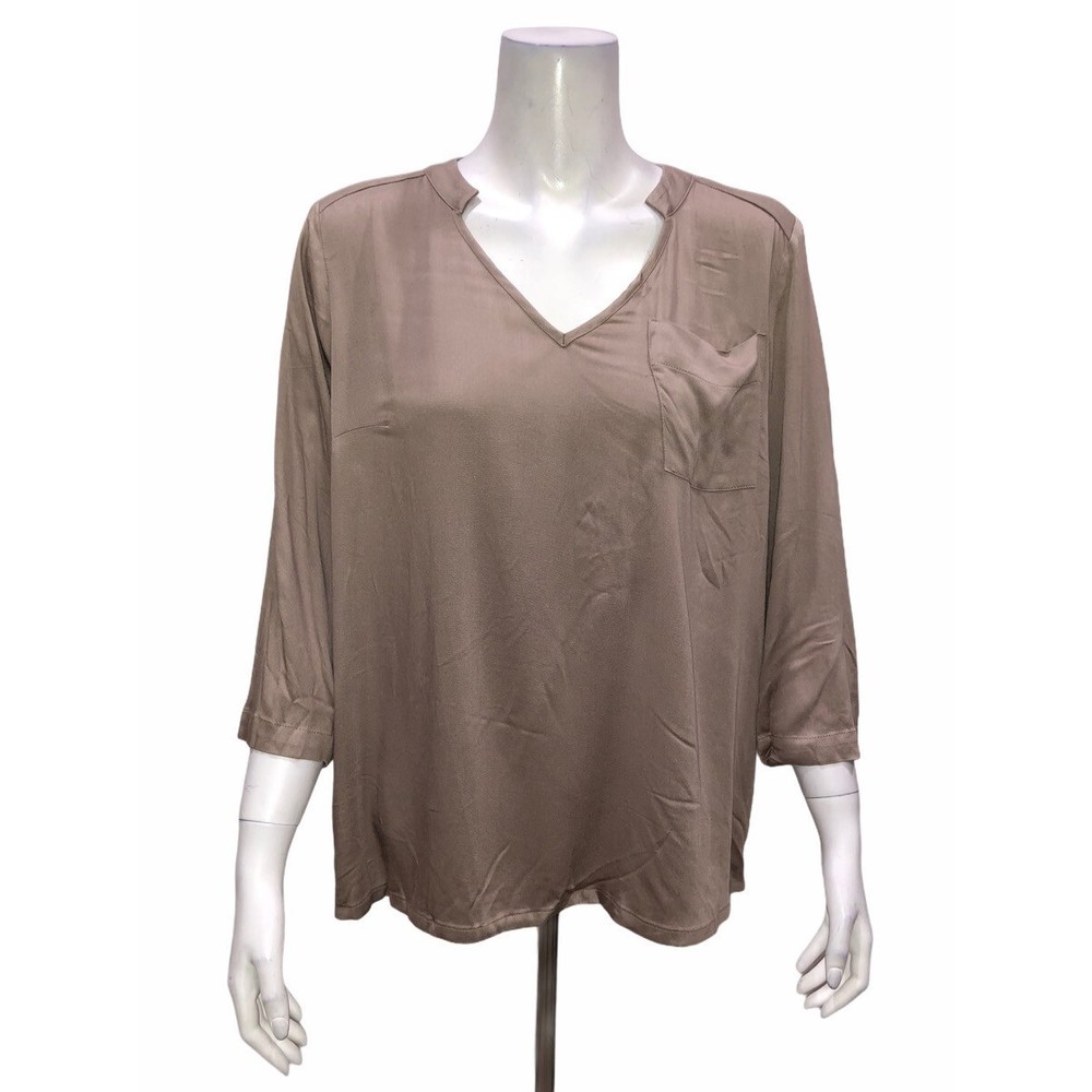 Lisa Rinna Collection Stretch Woven Open-Neck Blouse Light Mocha XX-Small Size